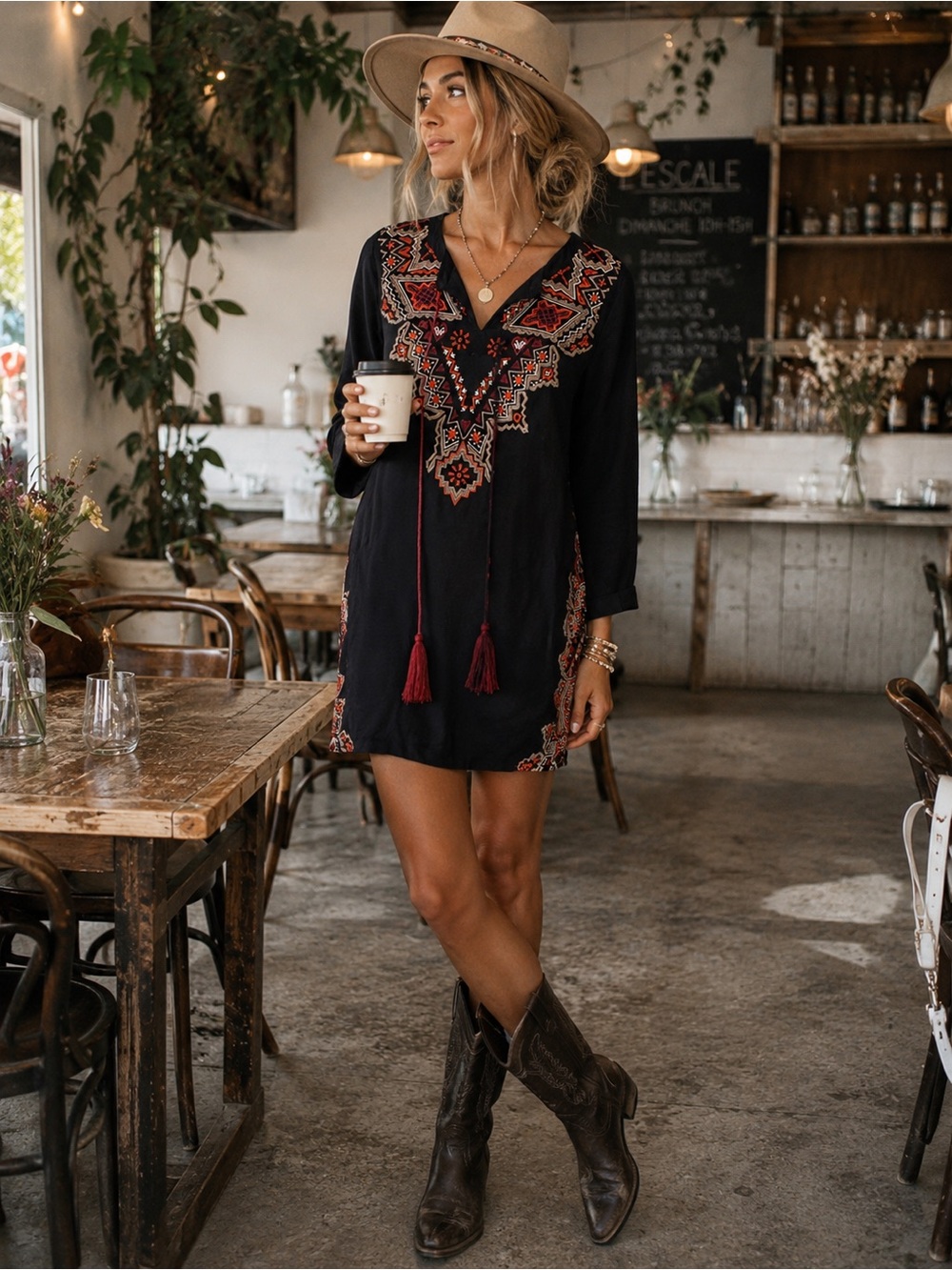 THML Embroidered Boho Tunic Dress Black Rayon Southwestern Festival Size L